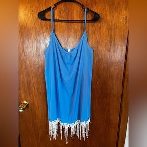 Blue Audrey Ann tank top style dress with tassel trim. SZ LG
